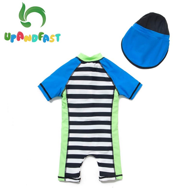 upandfast Kids One Piece Zip Sunsuit with Sun Hat UPF 50+ Sun Protection Baby Beach Swimsuit (Stripe2, 3-6 Months) - Image 2
